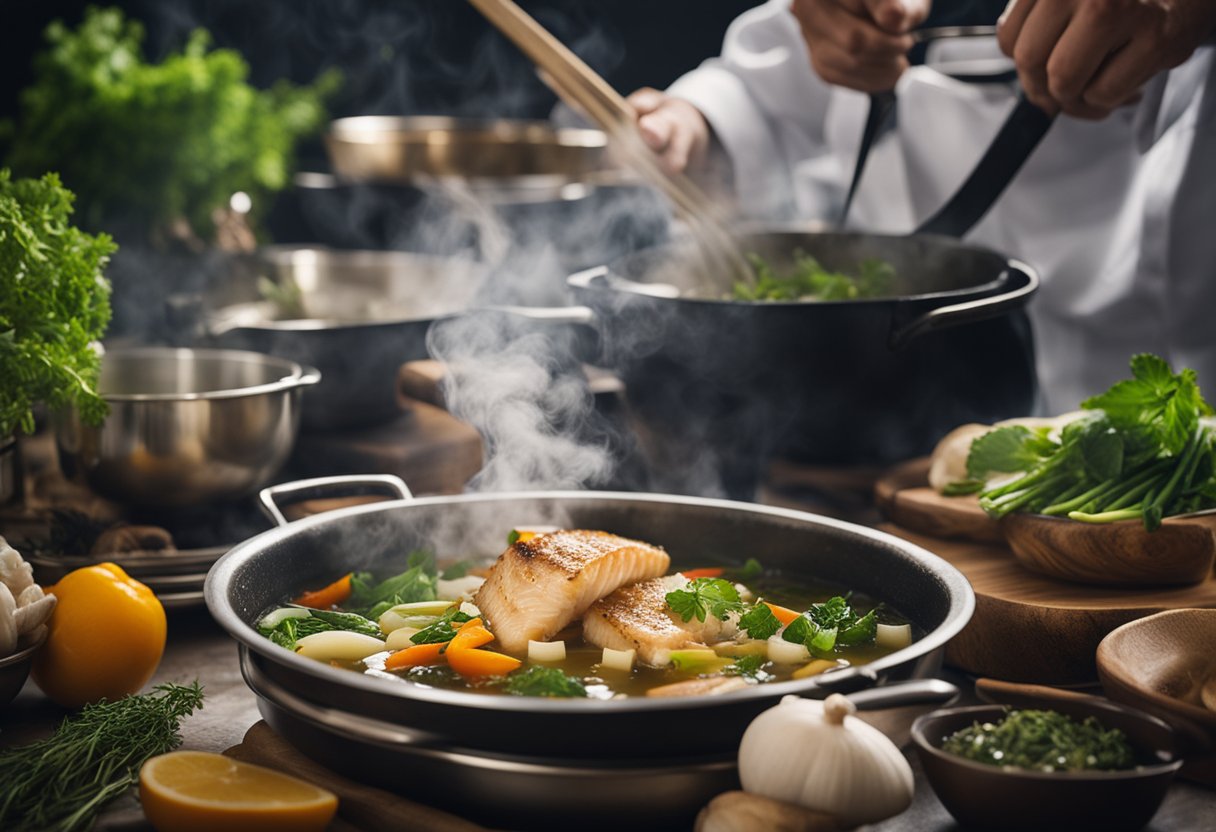 A pot simmering with fish bones, vegetables, and herbs. Steam rises as a chef stirs the fragrant broth