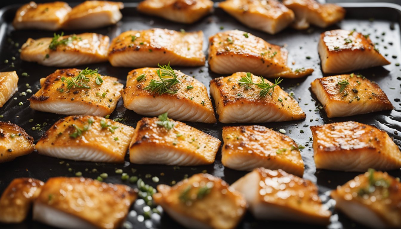 Seasoned fish fillet placed on a baking tray. Oven set to 375°F. Fish cooked for 15-20 minutes until flaky and golden