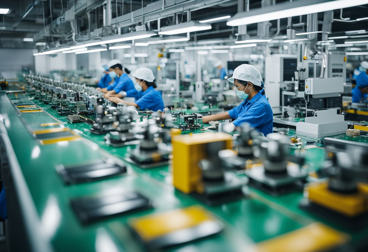 A busy PCB assembly line in Malaysia with workers and machines