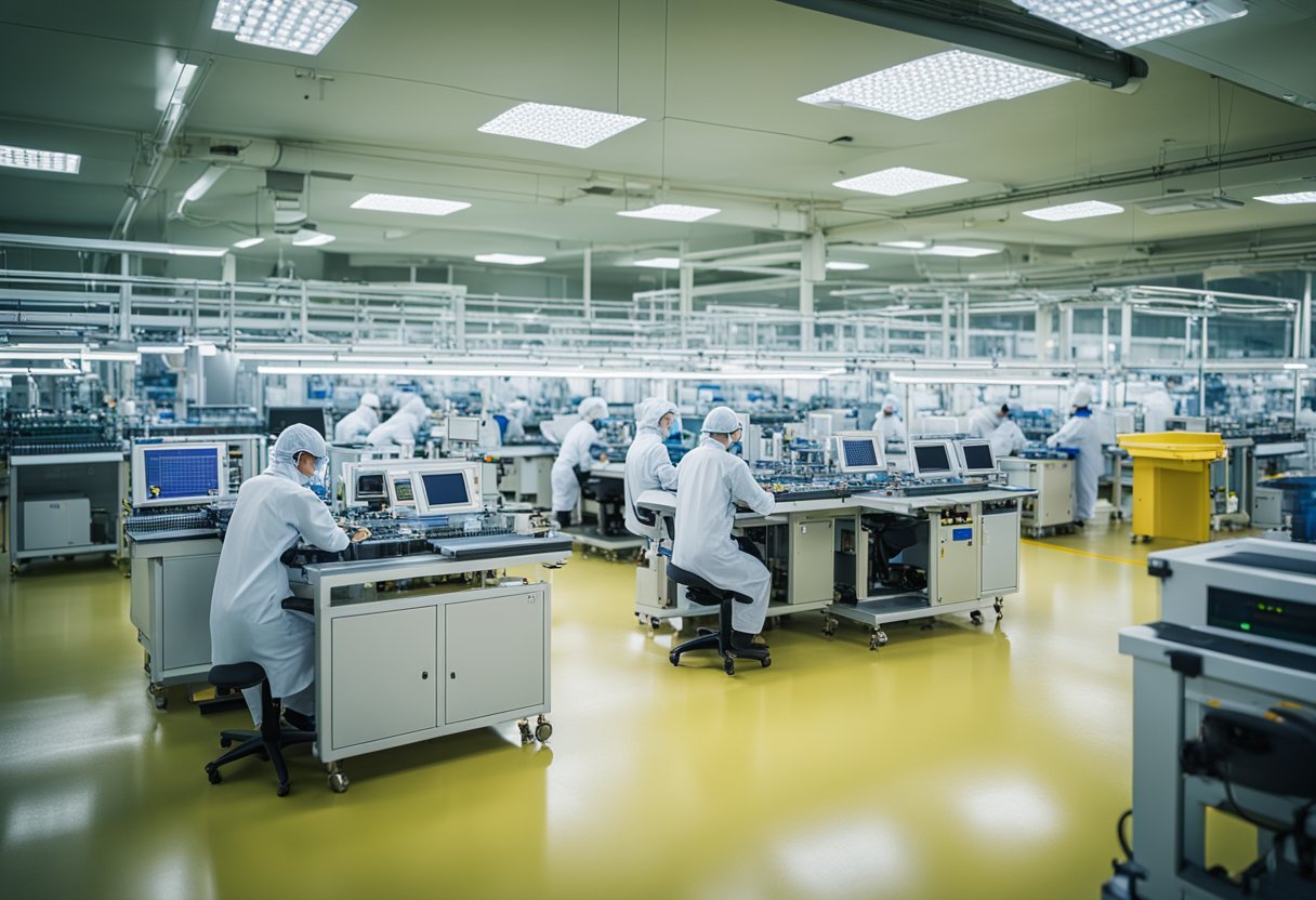 Multiple PCB assembly machines in a spacious, well-lit facility in Malaysia. Workers in protective gear oversee the production line. Quality control checks are performed at various stages
