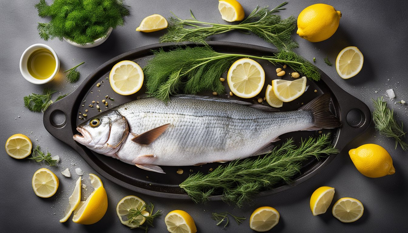 A whole fish lying on a baking tray, brushed with olive oil and sprinkled with herbs, surrounded by slices of lemon and sprigs of fresh dill