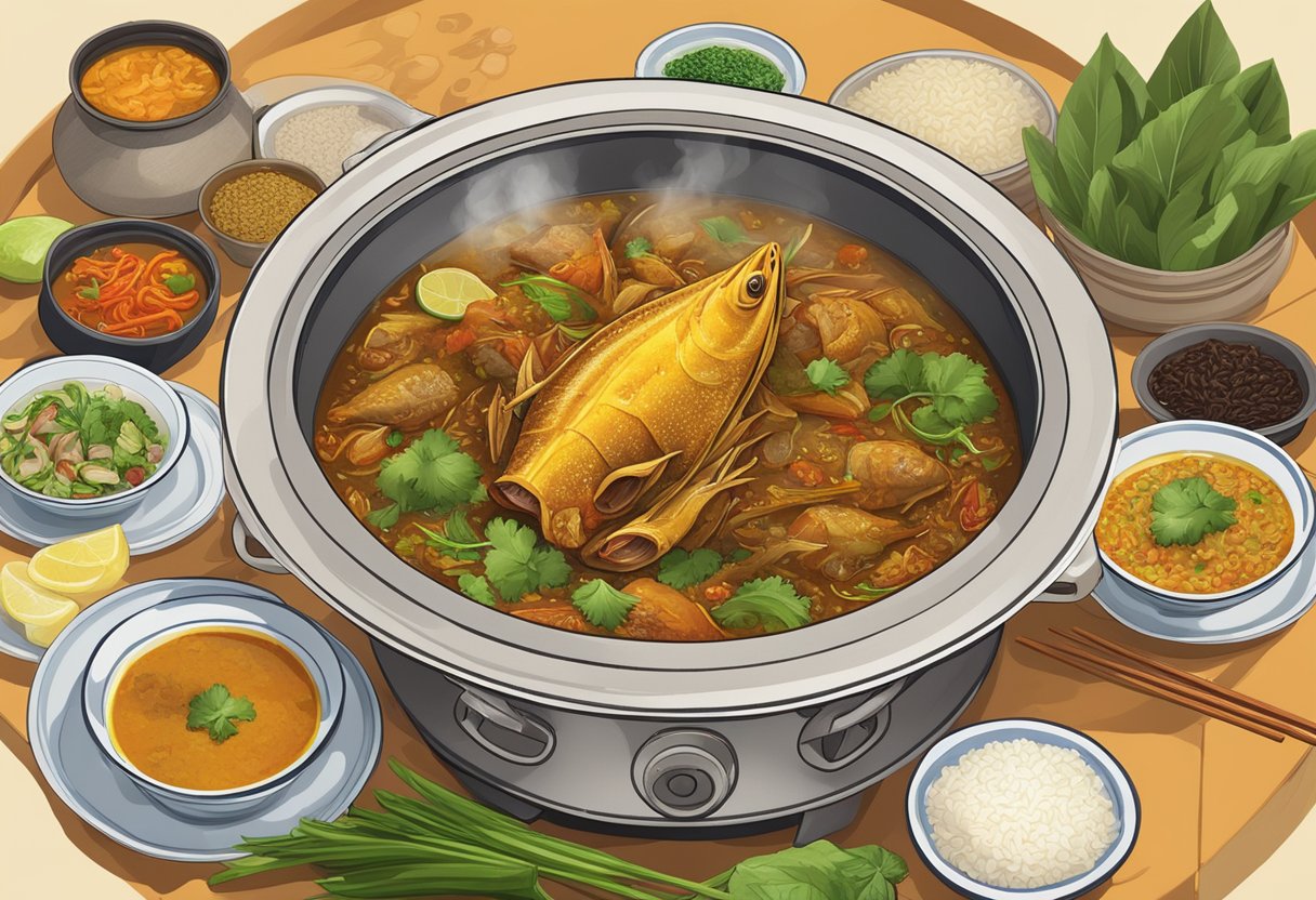 A steaming pot of Kam Long Curry Fish Head sits on a table, surrounded by plates of fragrant rice and colorful condiments
