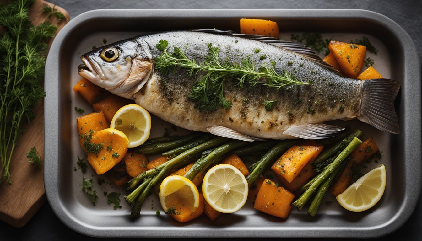 Fish placed on a baking sheet, seasoned with herbs and lemon, then placed in a preheated oven. After cooking, the fish is carefully transferred to a serving platter with a side of roasted vegetables