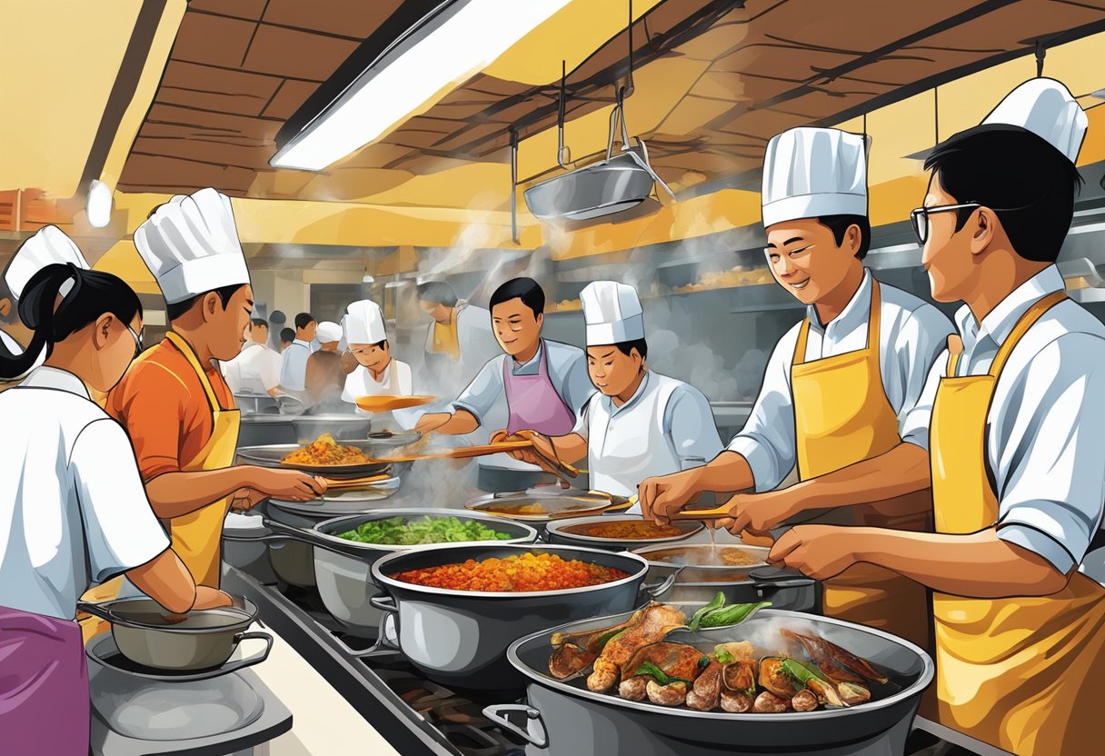 A bustling restaurant with steaming pots, colorful spices, and sizzling fish heads. Customers eagerly await their fragrant, spicy dishes at Johor Bahru Kam Long Curry Fish Head