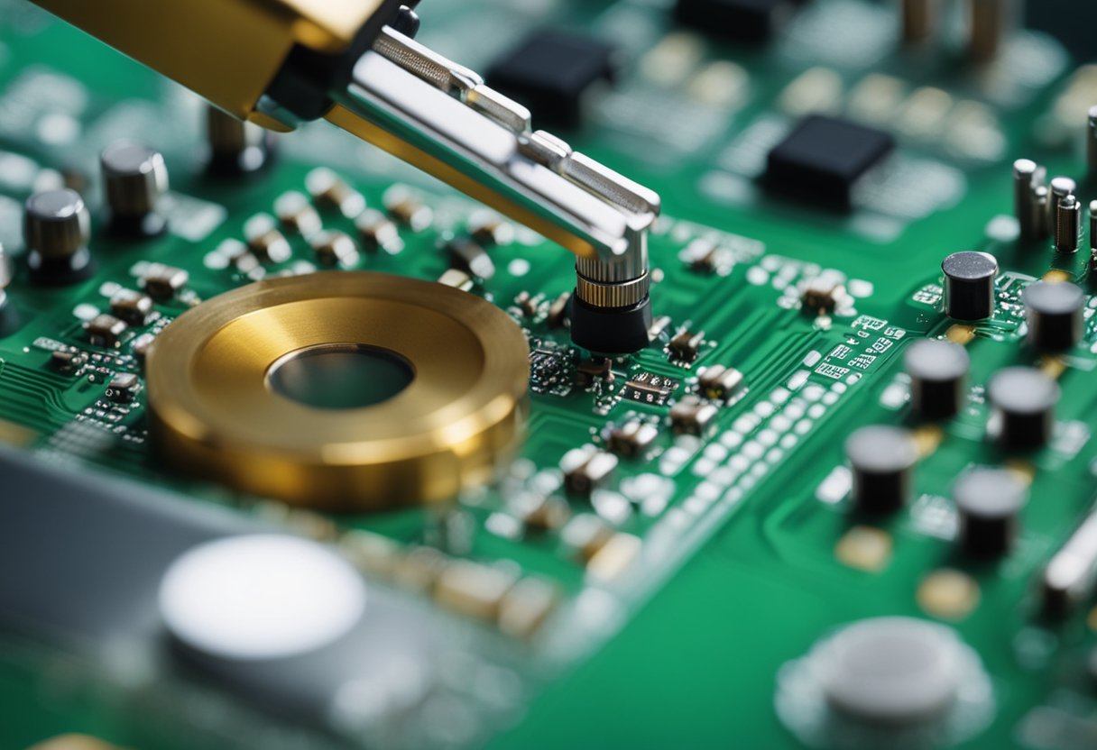 PCB components being soldered onto a circuit board using automated pick-and-place machines and reflow ovens