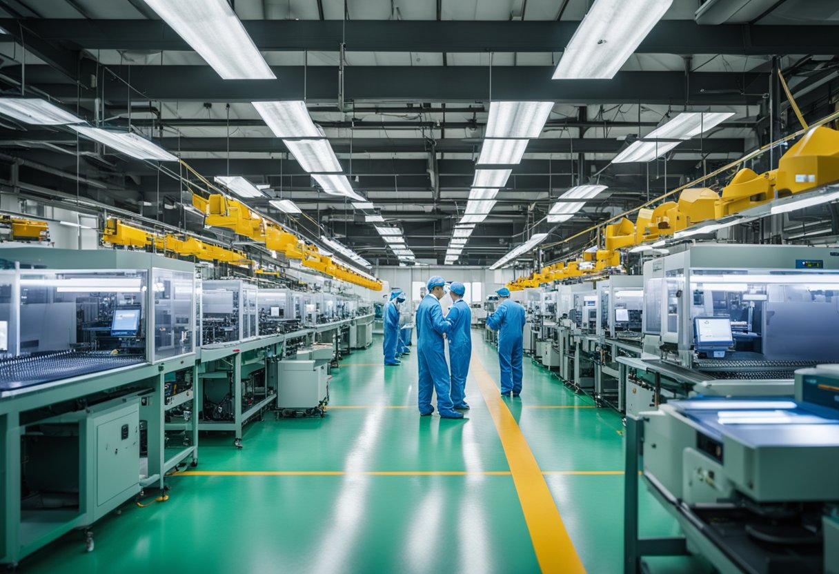 Several PCB assembly machines line a brightly lit factory floor in Taiwan, with workers overseeing the production process. Quality control stations are set up at various points to ensure precision and efficiency