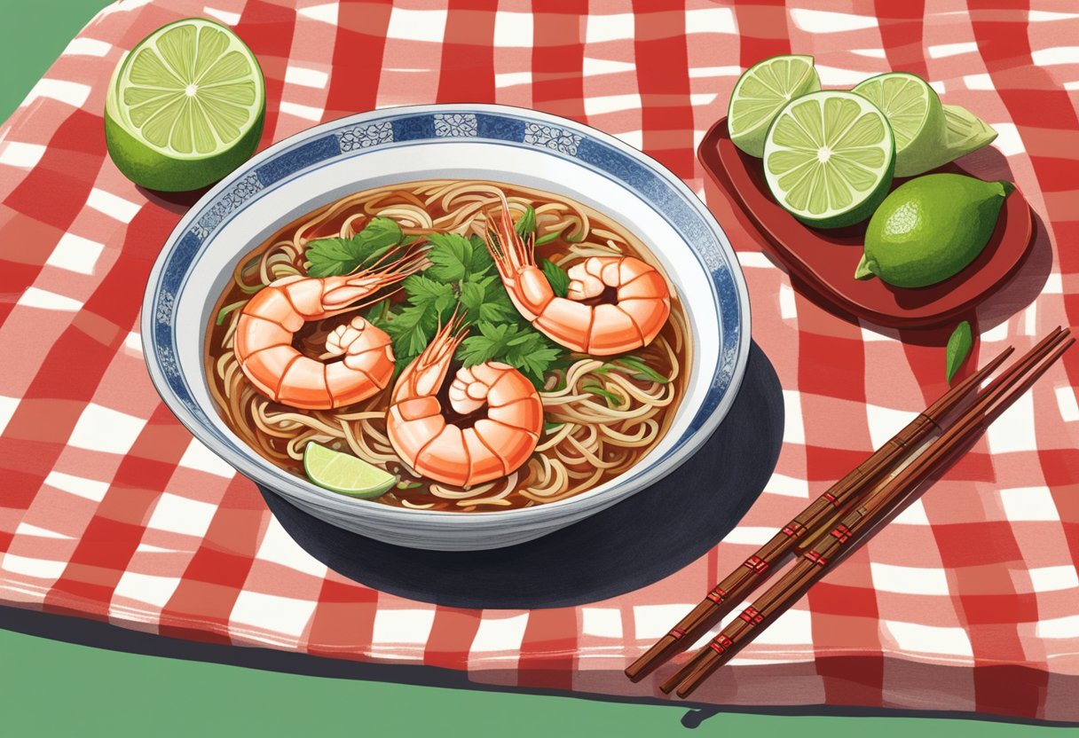 A steaming bowl of Joo Chiat Prawn Mee sits on a red checkered tablecloth, surrounded by chili paste, lime wedges, and a pair of chopsticks