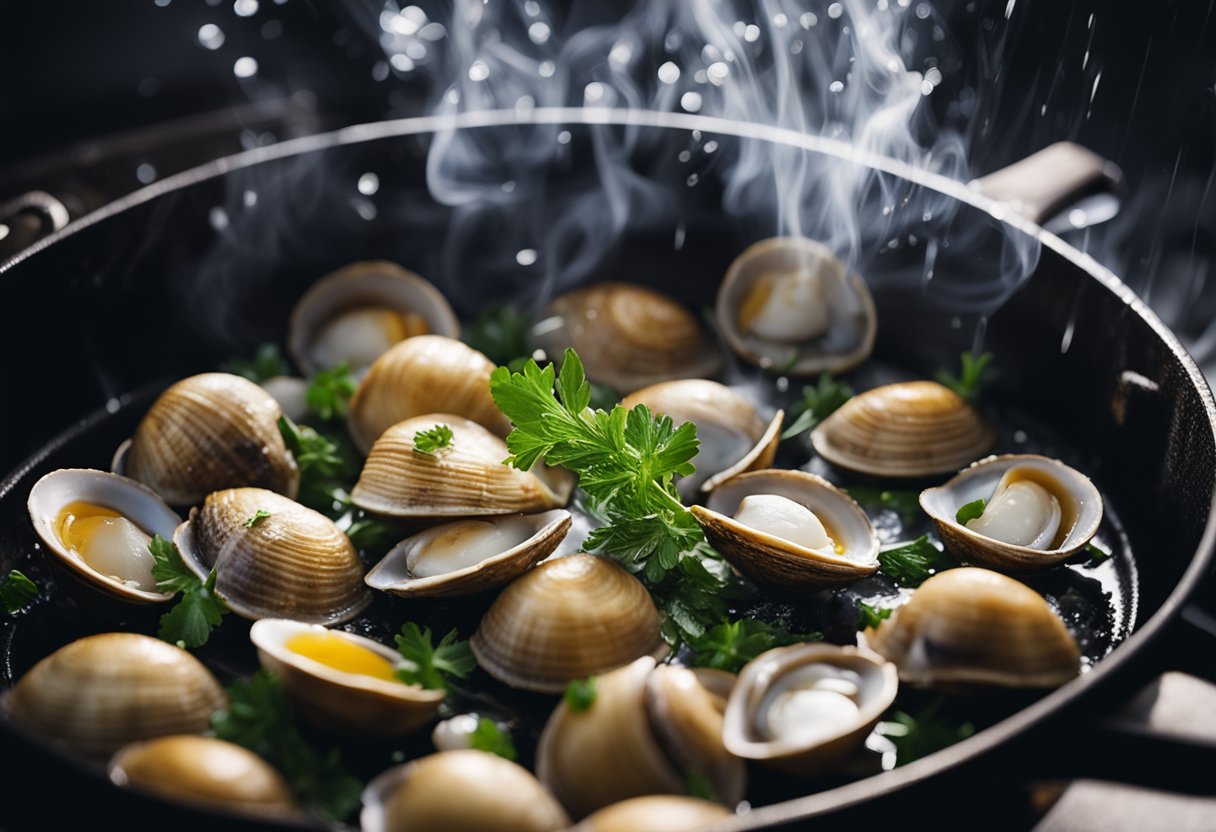 Frozen clams sizzle in a hot pan, releasing steam. A sprinkle of herbs and a splash of white wine add flavor
