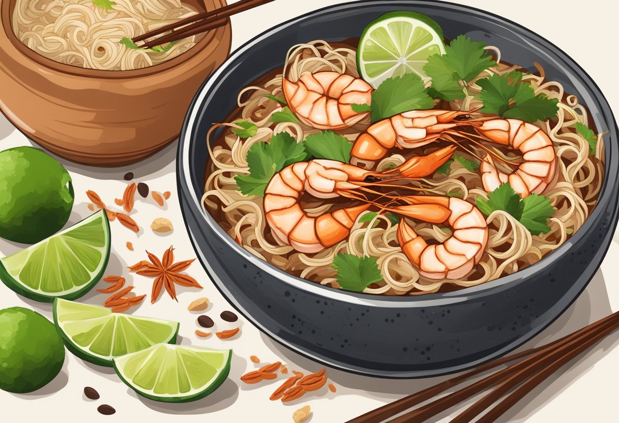 A steaming bowl of Joo Chiat prawn mee sits on a rustic wooden table, surrounded by scattered chili flakes and lime wedges