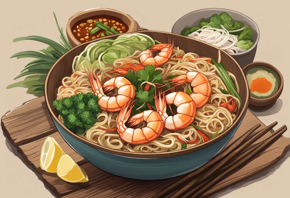 A steaming bowl of joo chiat prawn mee sits on a rustic wooden table, surrounded by fresh ingredients like succulent prawns, fragrant noodles, and a side of sambal chili paste