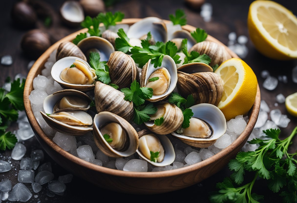 Clams defrosting in a bowl of cold water, surrounded by ingredients like garlic, parsley, and lemon slices
