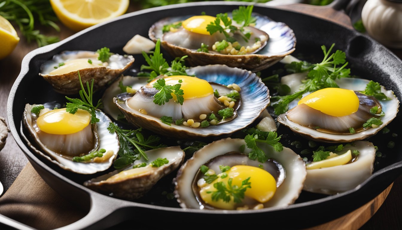 Fresh abalone sizzling in a hot pan with butter and garlic, surrounded by vibrant herbs and lemon slices