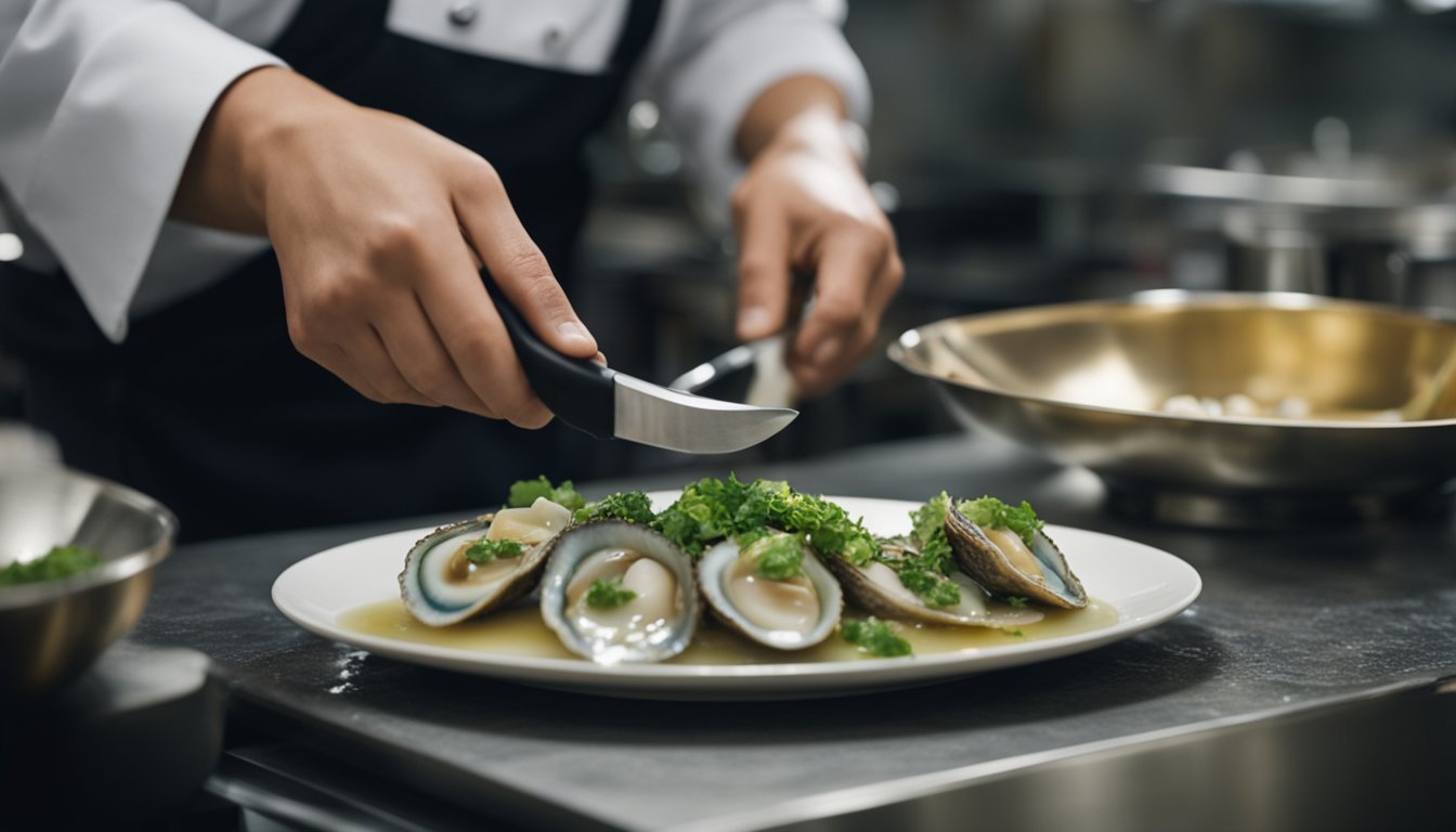 A chef slices and cleans fresh abalone, then prepares it for cooking