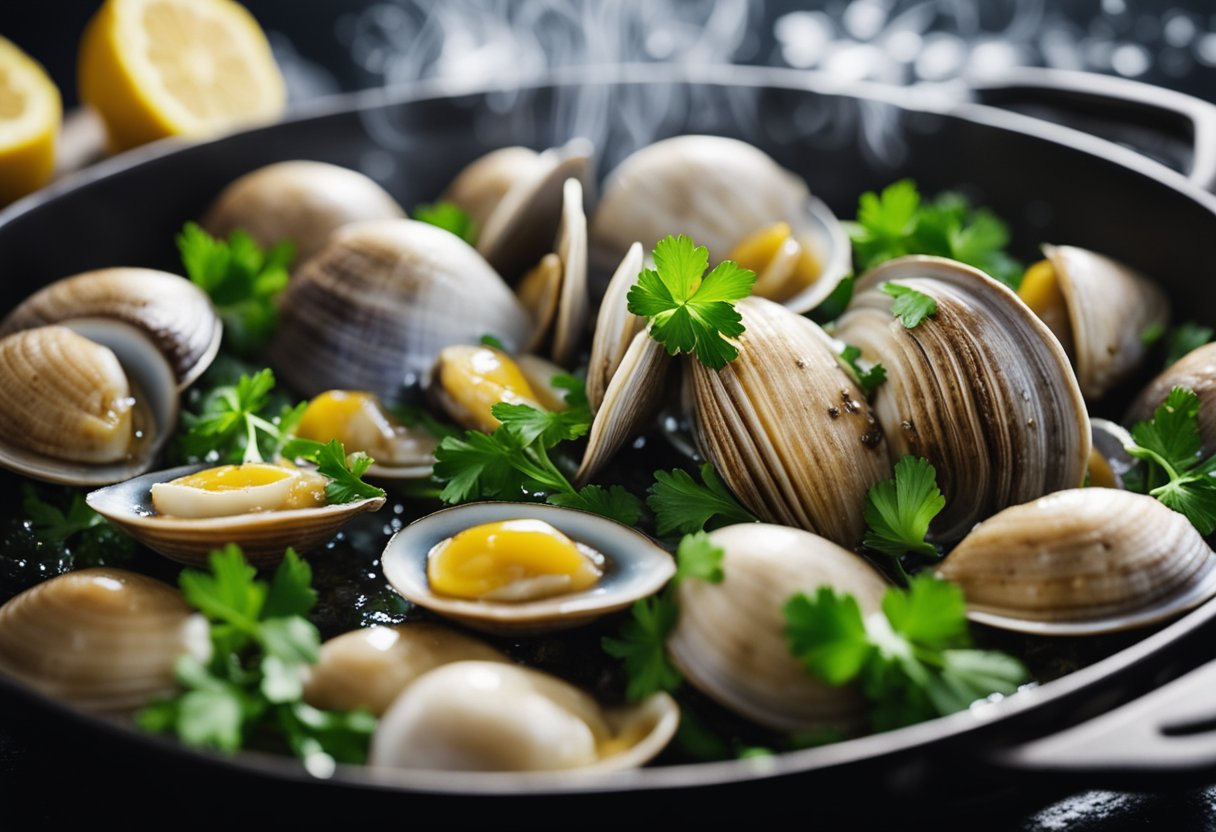 Clams being thawed and cleaned, then cooked in a pan with garlic, white wine, and butter until they open. Garnish with parsley