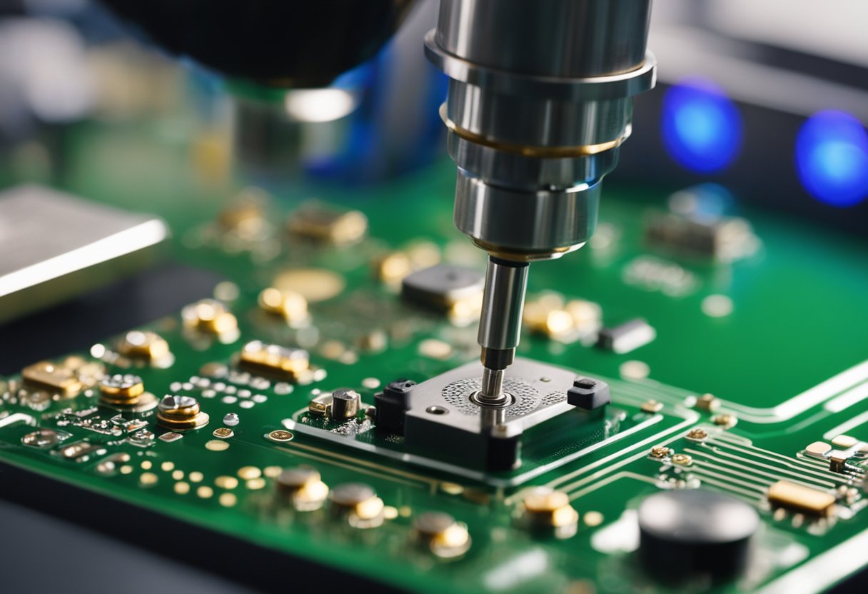 Soldering iron melts metal onto PCB. Components placed by machine. Inspection for quality
