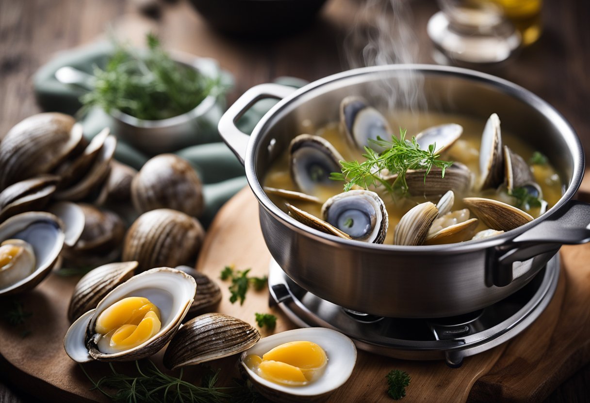 A pot of boiling water with frozen clams being added, a timer set, and a steaming bowl of cooked clams with a sprinkle of herbs