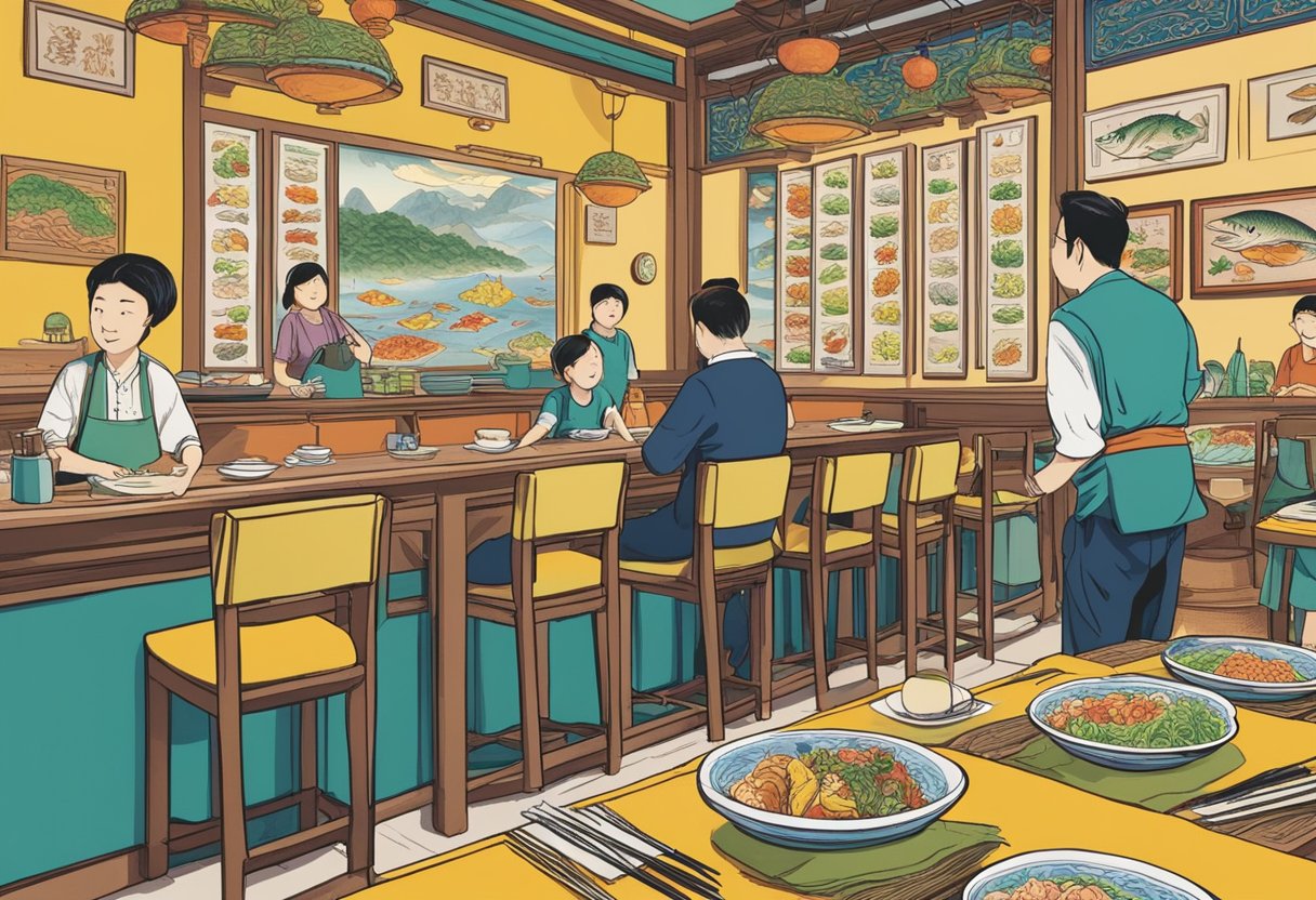 Customers peruse a colorful menu at Jun Yuan House of Fish, with enticing dishes and vibrant illustrations. The restaurant's logo is prominently displayed on the top corner