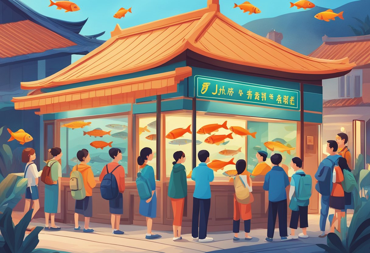 Jun Yuan House of Fish sign surrounded by curious customers, a line forming outside. Bright colors, lively atmosphere
