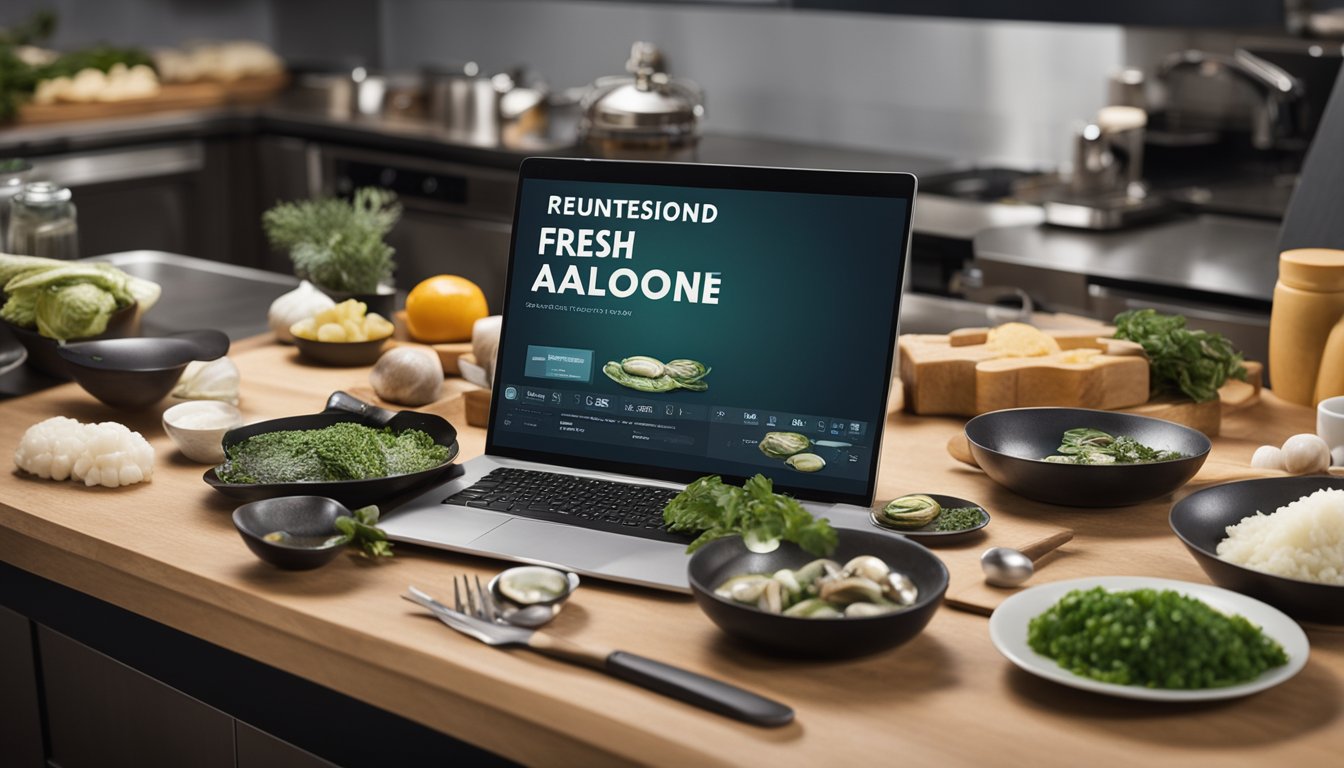 A chef slicing fresh abalone, surrounded by various cooking utensils and ingredients, with a computer screen displaying "Frequently Asked Questions how to cook fresh abalone" in the background