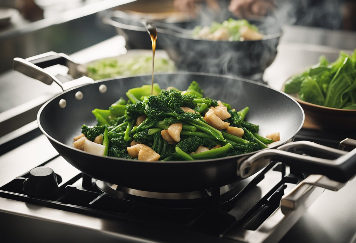 A wok sizzles as oyster sauce is poured over stir-fried kailan. Steam rises, filling the kitchen with savory aromas
