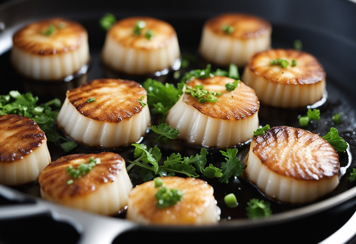 Scallops sizzle in a hot skillet, turning golden brown. Steam rises as they cook, releasing a savory aroma