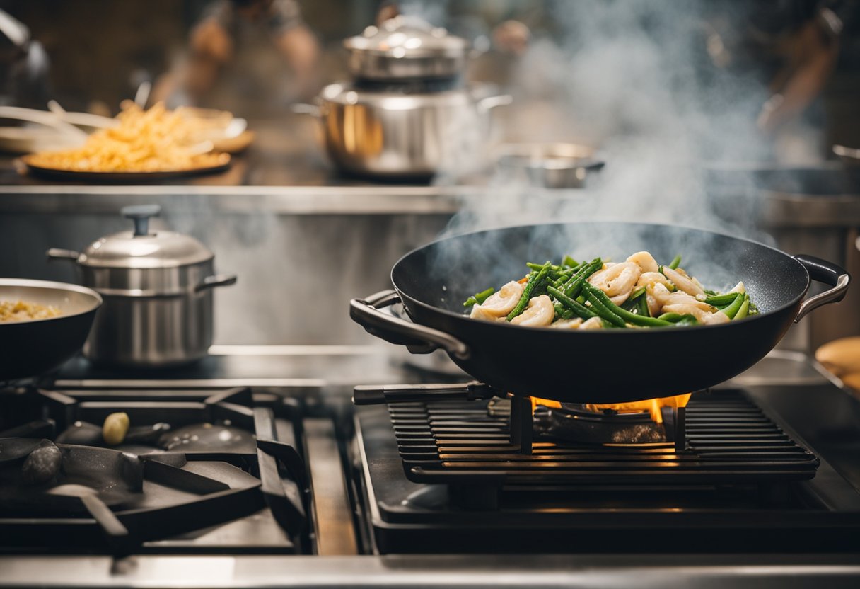 A wok sizzles as kailan is stir-fried with oyster sauce, garlic, and ginger. Steam rises, filling the kitchen with savory aromas