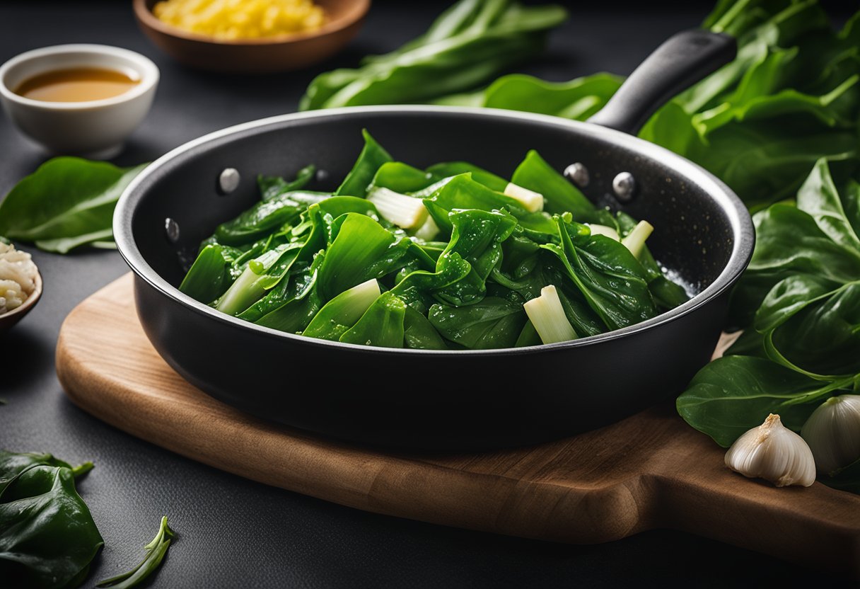 Fresh kailan leaves being sautéed in oyster sauce in a sizzling pan, with garlic and ginger on the side