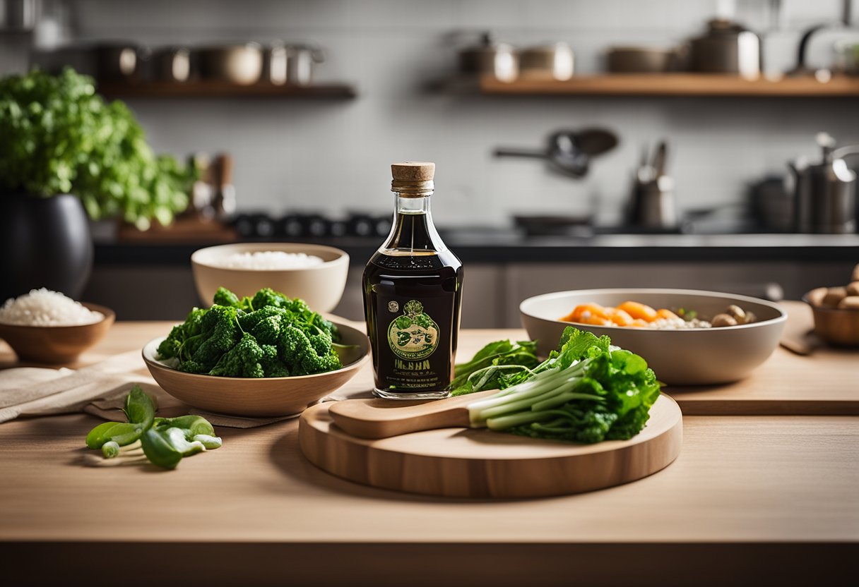 A bottle of Kailan oyster sauce surrounded by fresh ingredients and cooking utensils on a clean kitchen counter