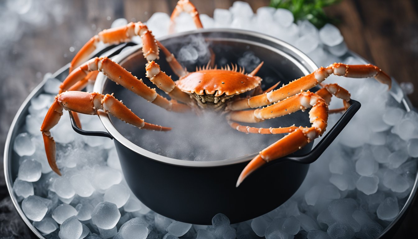 King crab legs arranged in a pot, surrounded by boiling water. A lid sits on top as steam escapes from the pot