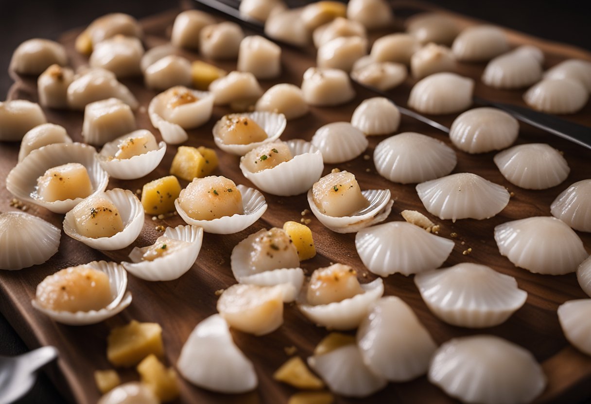 Scallops being thawed in a bowl of cold water, then patted dry and seasoned with salt and pepper on a cutting board