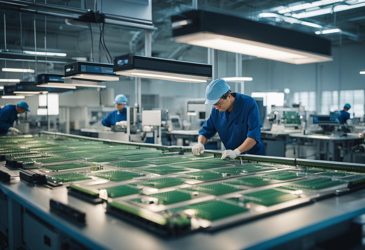 Multiple machines assembling PCBs in a spacious, well-lit factory. Workers monitor the process, ensuring precision and efficiency