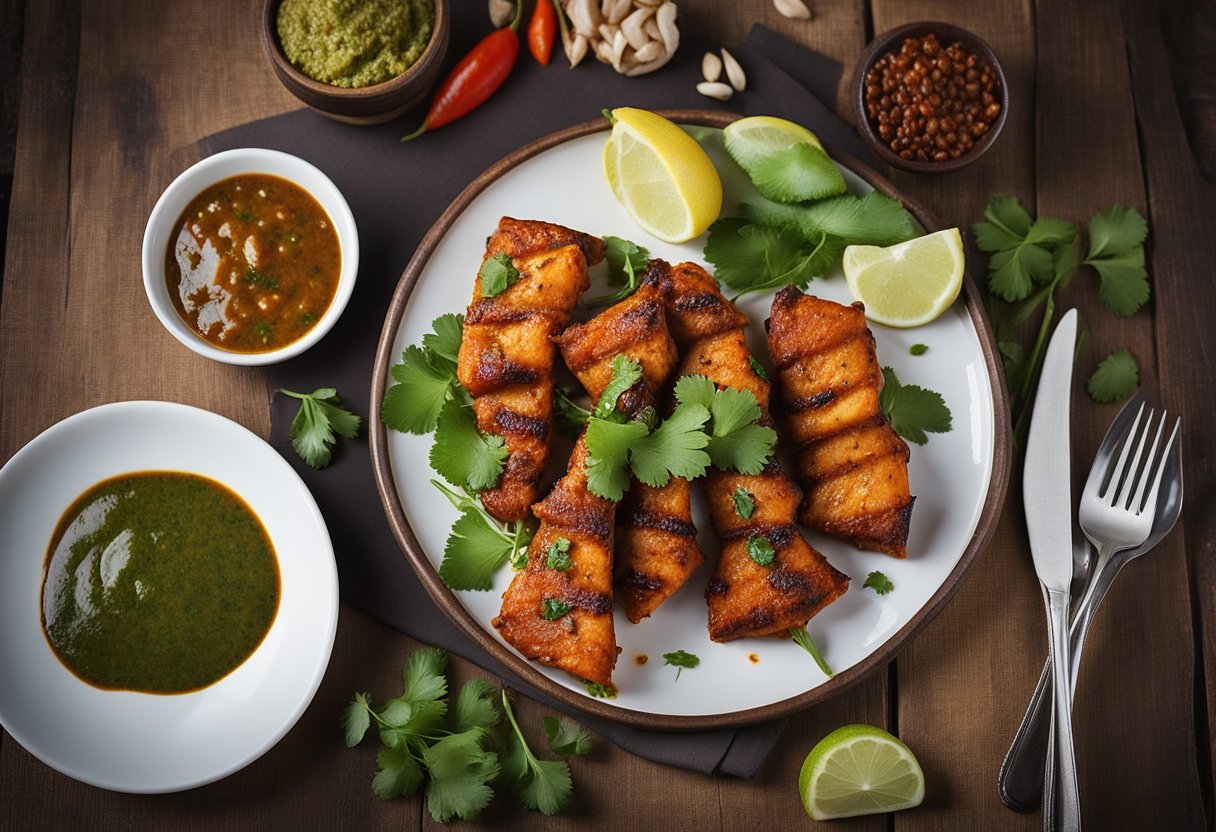 A plate of kasundi fish tikka, garnished with fresh cilantro and served with a side of tangy tamarind chutney, is placed on a rustic wooden table