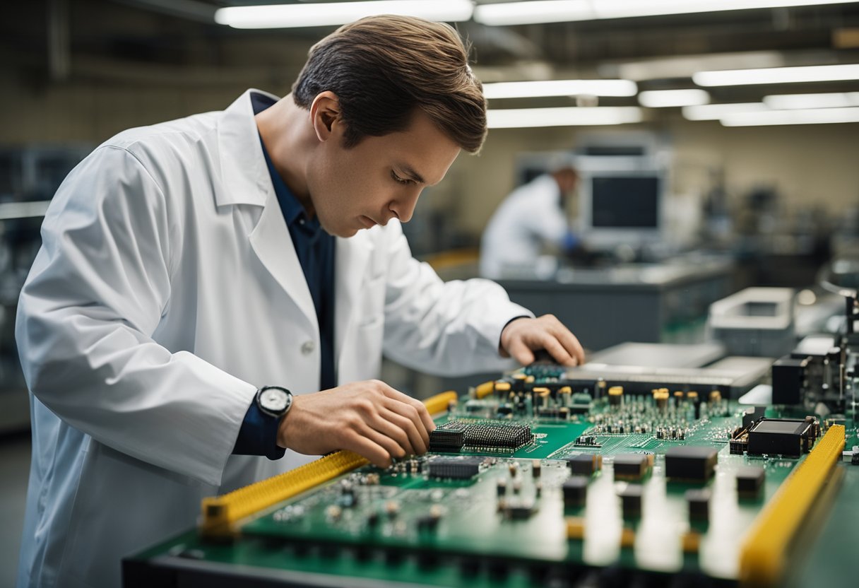 A technician assembles PCB components on a workbench in a well-lit facility in NJ