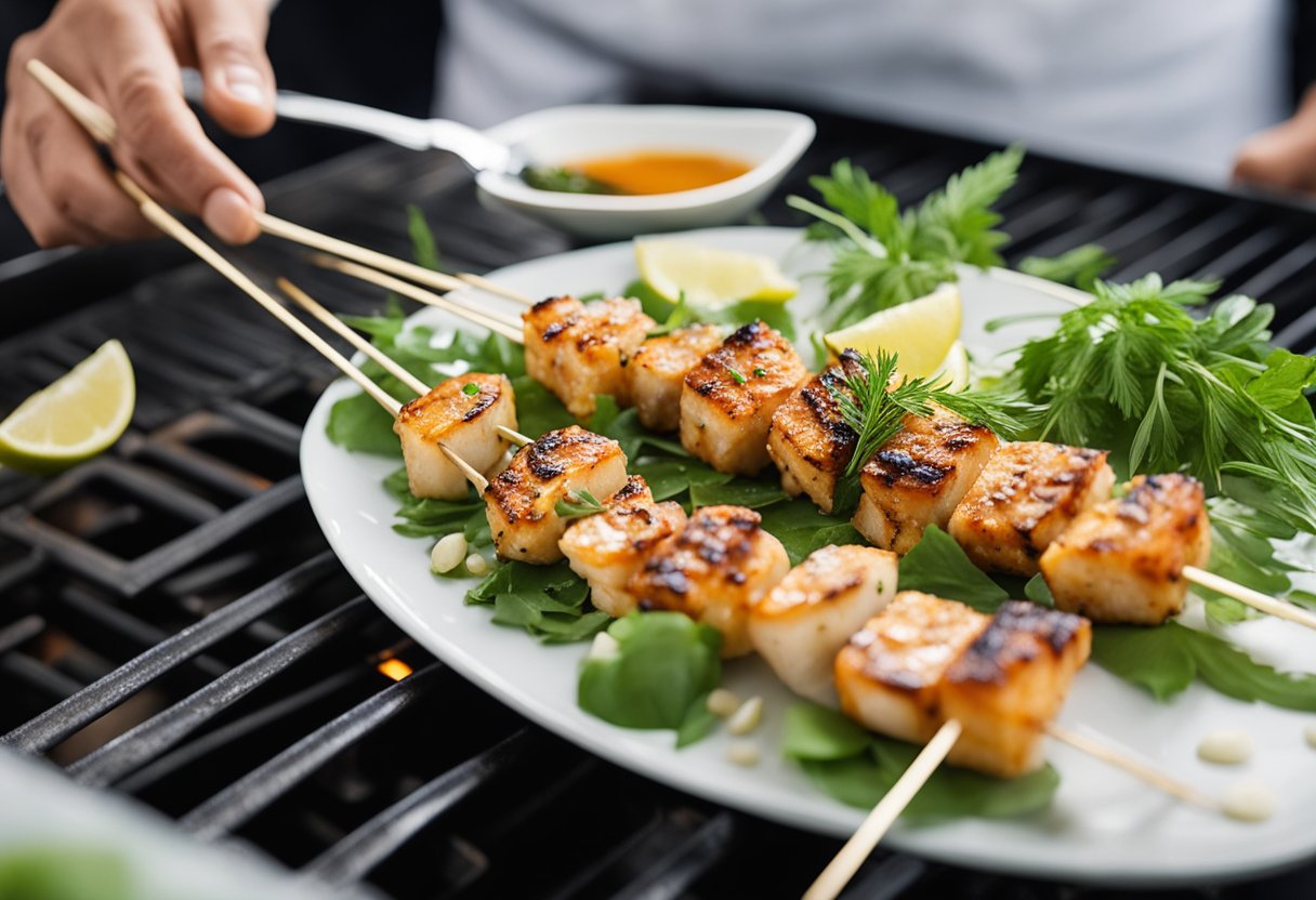 A chef grills marinated fish skewers, then garnishes with kasundi sauce and fresh herbs before serving