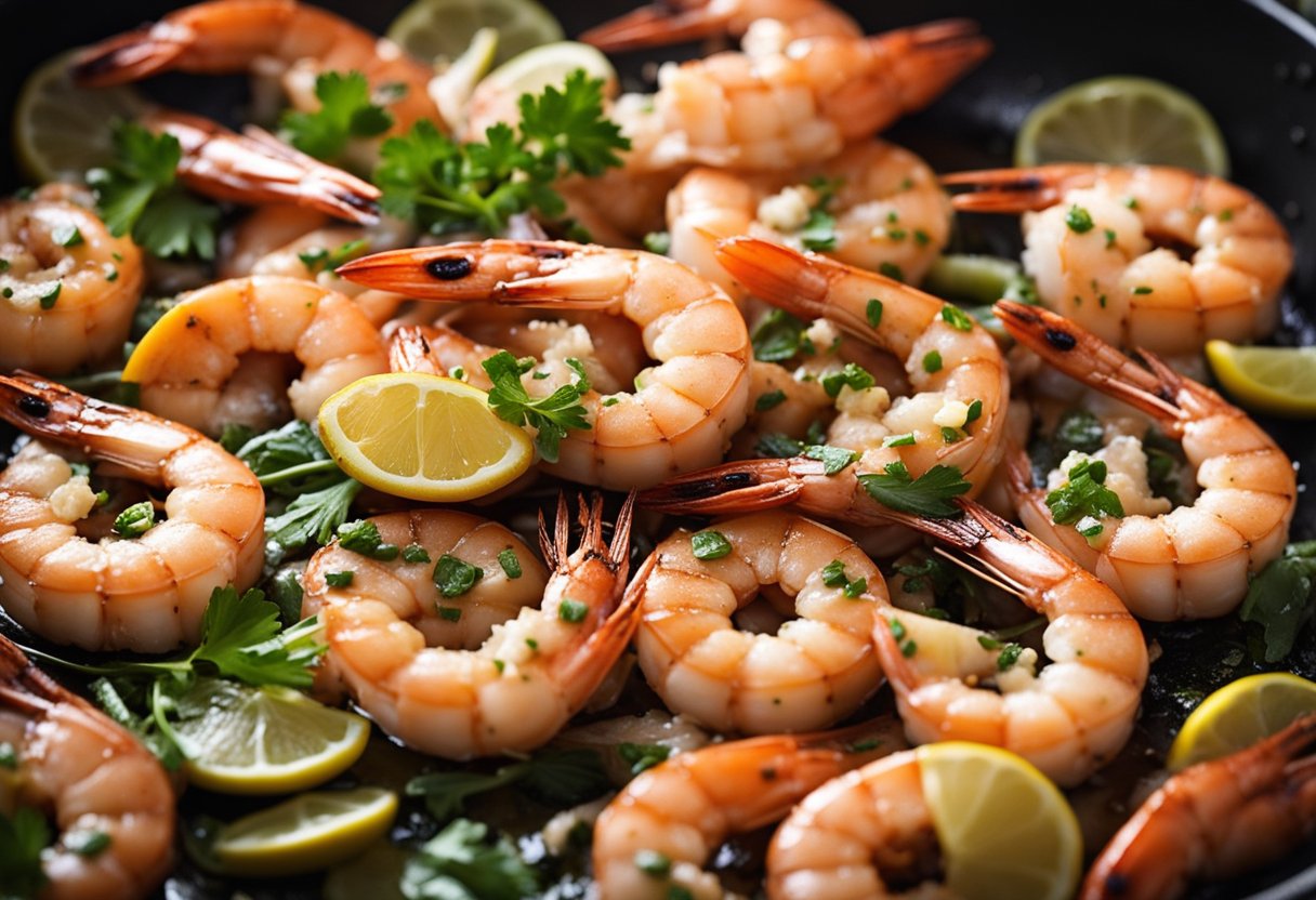 Plump prawns sizzle in a skillet with sizzling garlic and butter, emitting a mouthwatering aroma
