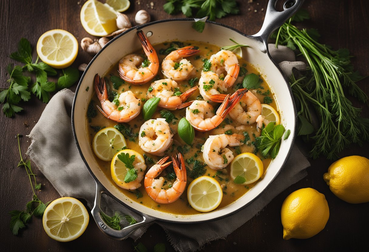 Plump prawns sizzle in a sizzling garlic butter sauce in a hot skillet. Lemon wedges and fresh herbs sit nearby
