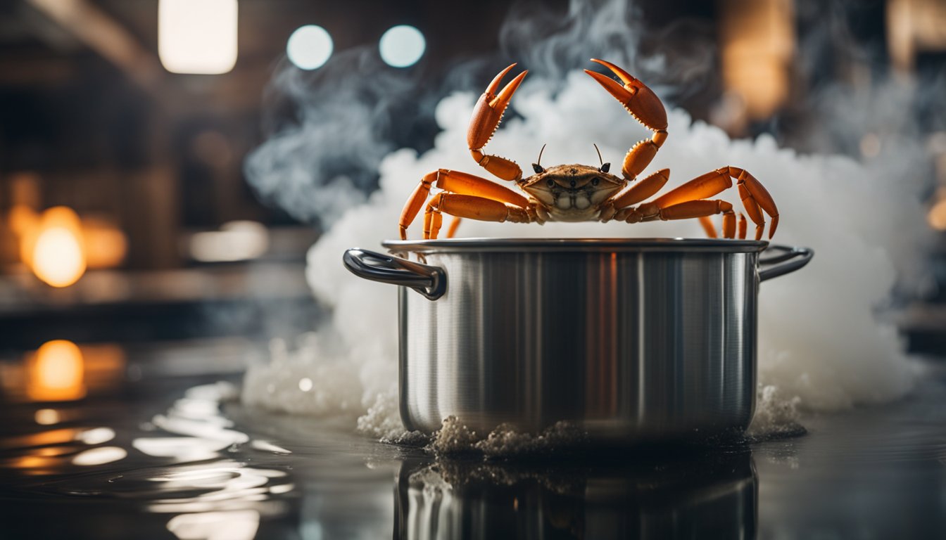 A pot of boiling water with steam rising. A live crab being lowered into the water. Red and orange shells