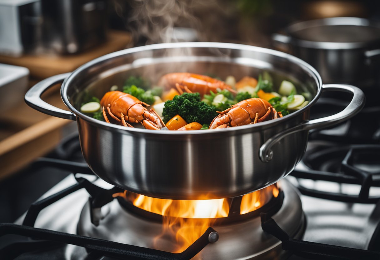 A pot simmers on a stove. Lobster heads and shells boil in a fragrant broth with vegetables and herbs