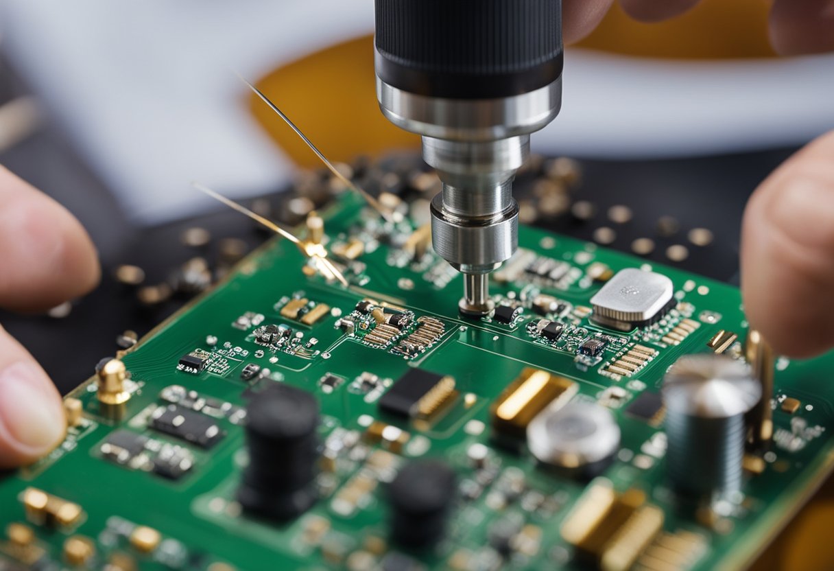 Components being placed onto a printed circuit board by hand. Soldering iron in use. Quality control inspection