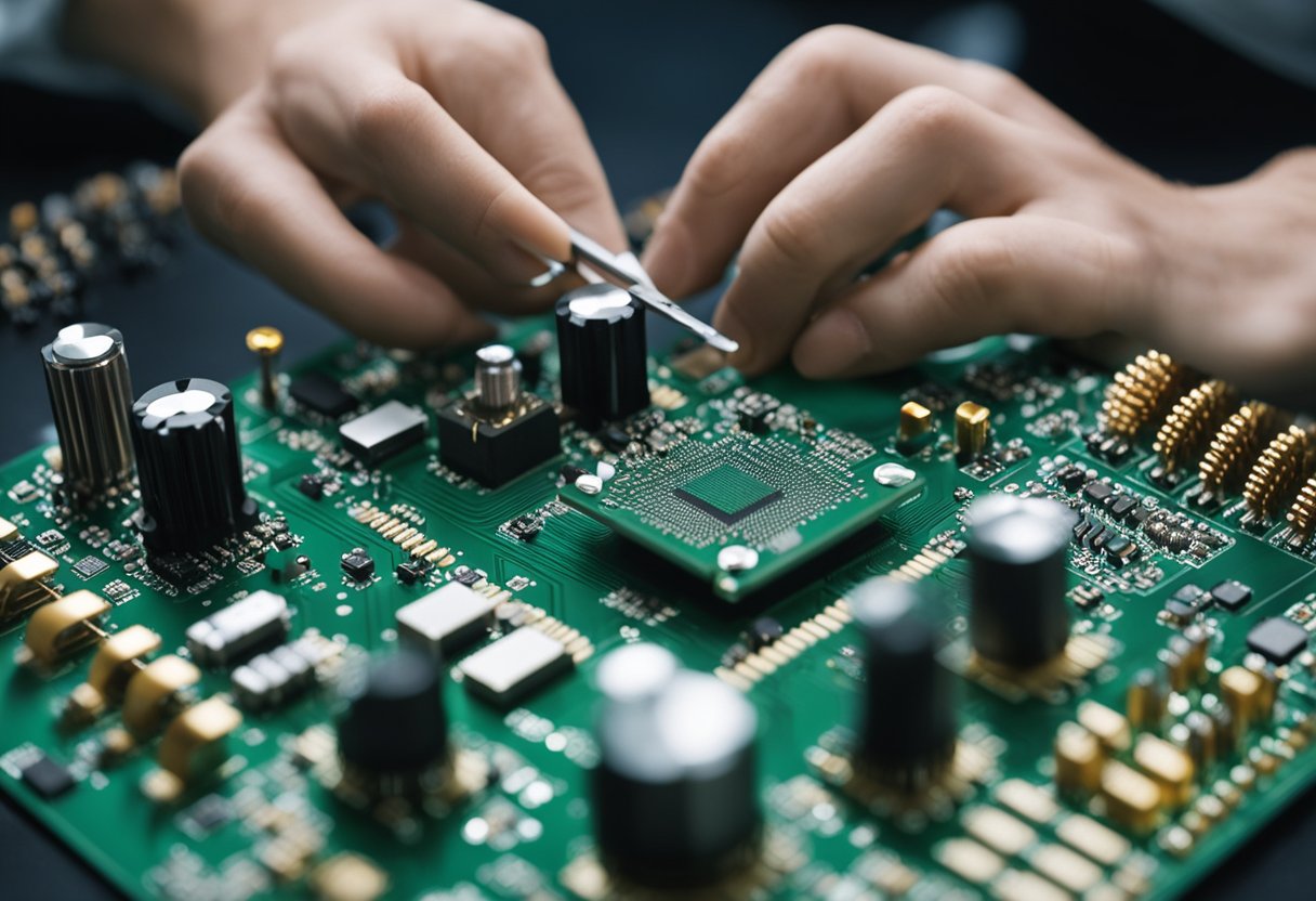 Multiple electronic components are being carefully placed and soldered onto a printed circuit board (PCB) by a technician following a manual assembly process