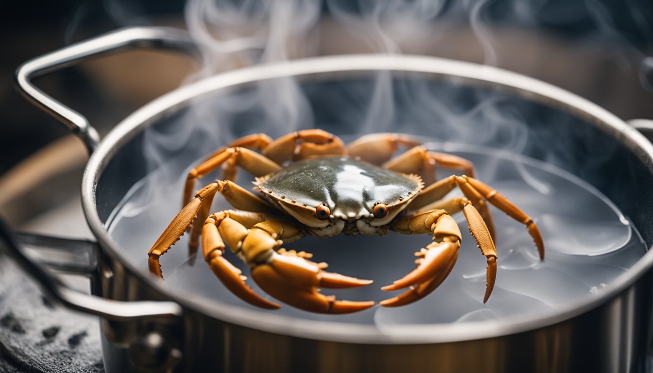 A live crab sits in a pot of boiling water, steam rising, with a pair of tongs nearby