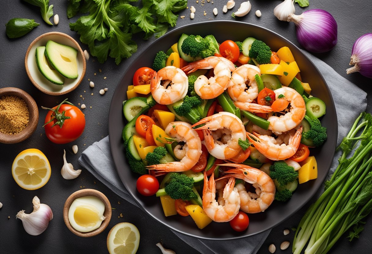 A plate of keto garlic prawns surrounded by colorful vegetables, showcasing the nutritional benefits and considerations of the dish