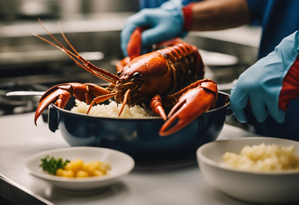 A lobster is being prepared for head soup, with its shell being cracked open and its meat being extracted