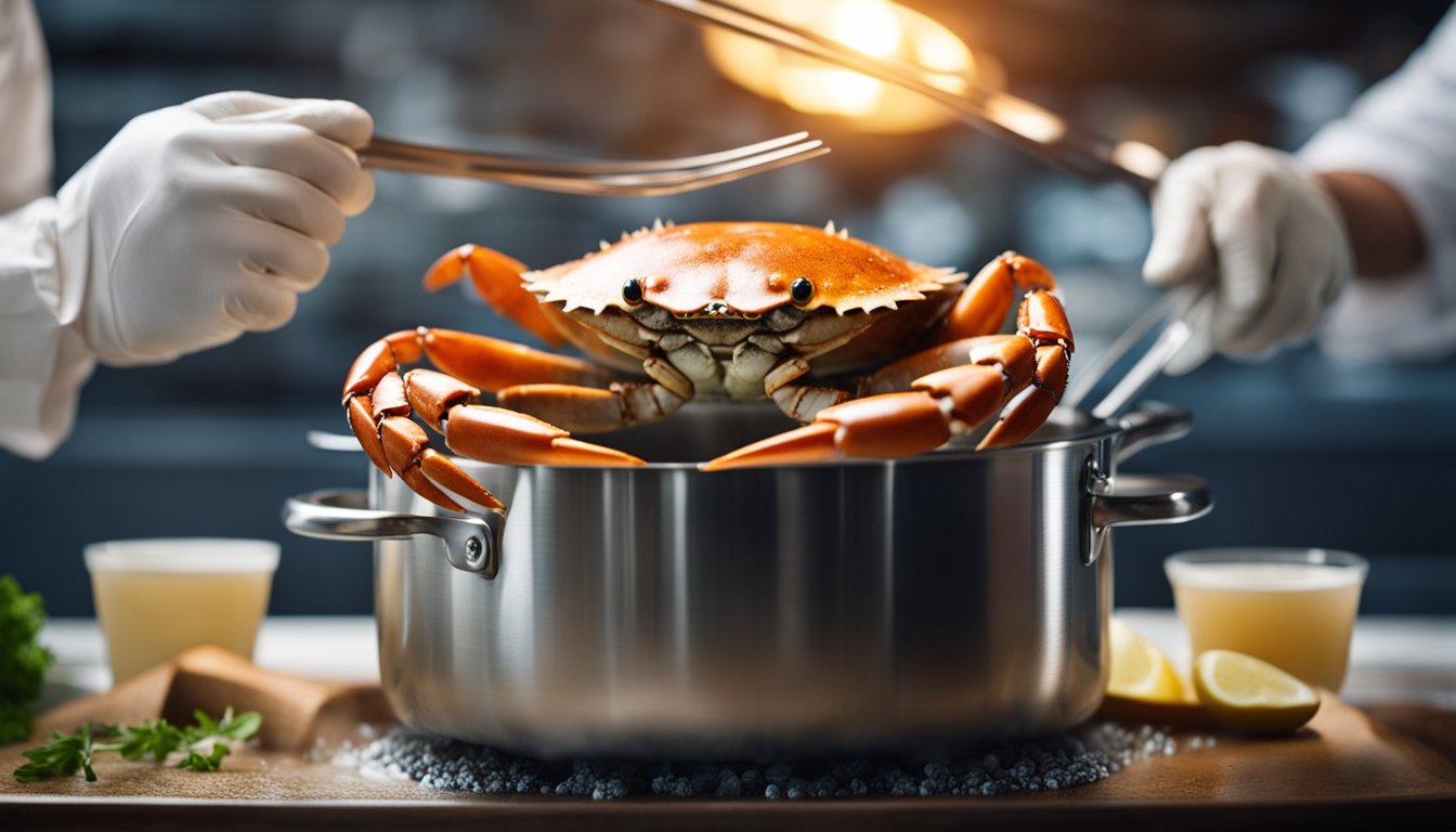 A live crab is being placed into a pot of boiling water. The chef is using tongs to carefully handle the crab and ensure it is submerged
