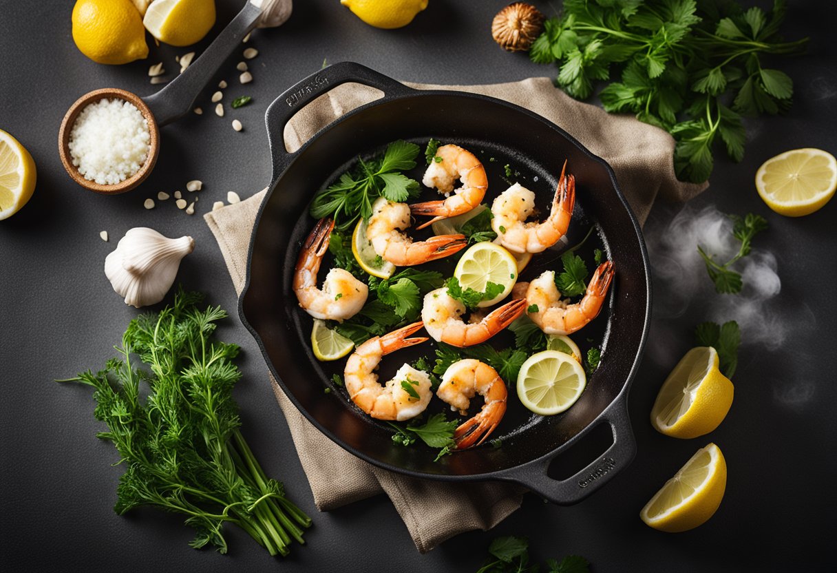 A sizzling skillet of keto garlic prawns, steam rising, surrounded by fresh herbs and lemon wedges