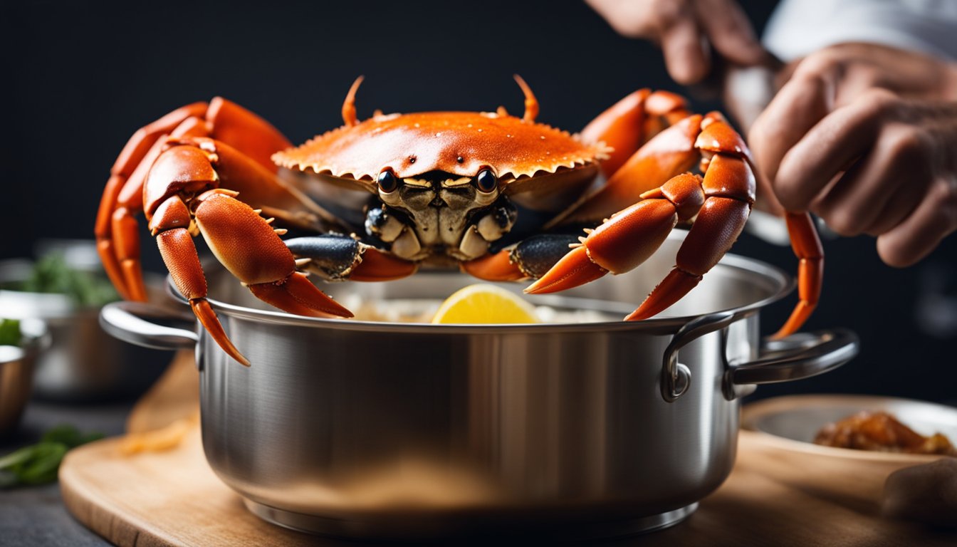 A chef places a live crab into a pot of boiling water. The crab turns bright red as it cooks