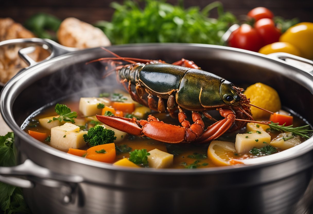 Lobster head simmering in a pot with aromatic vegetables and herbs, creating a rich and flavorful soup base