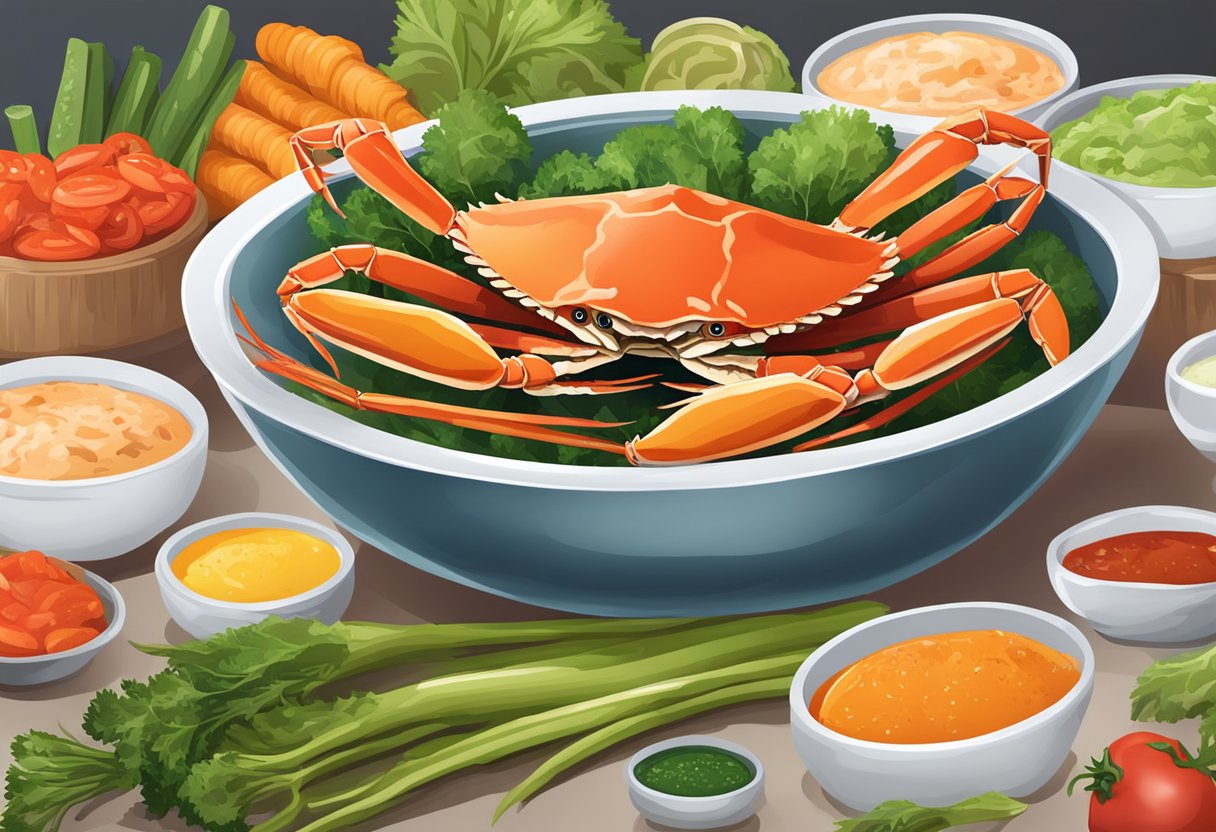 A steaming bowl of spicy crab legs, surrounded by colorful vegetables and a side of zesty dipping sauce