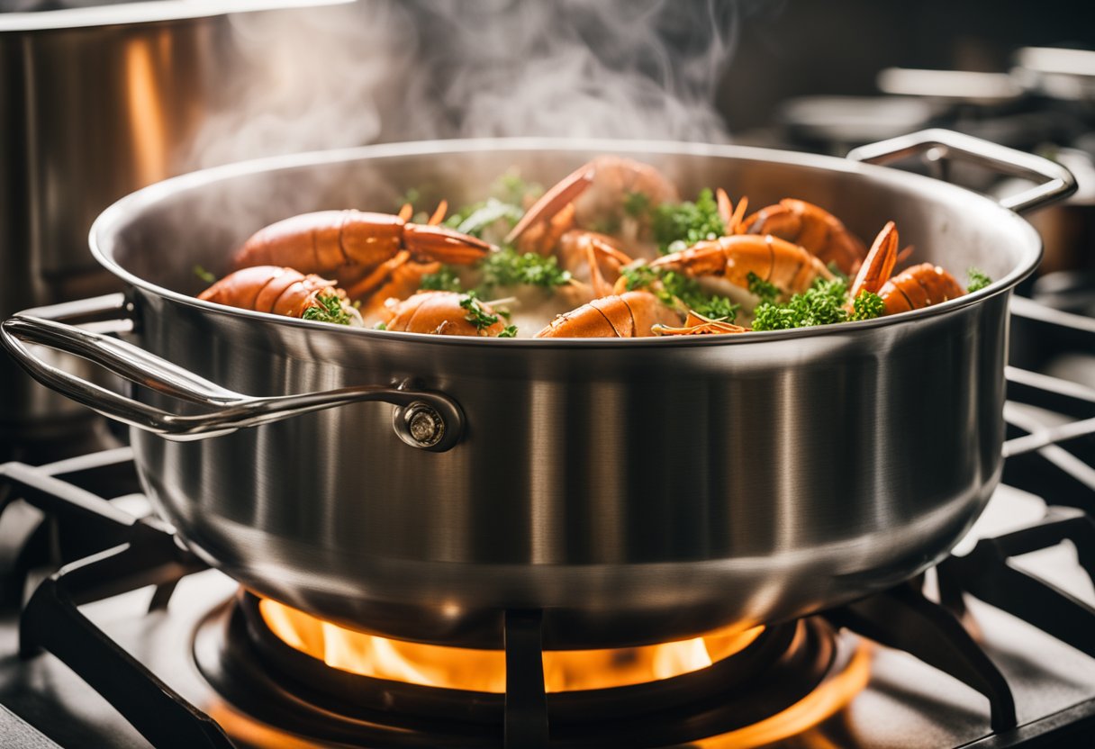 A large pot simmering on a stove, filled with lobster heads and aromatic herbs. Steam rising as the rich broth cooks