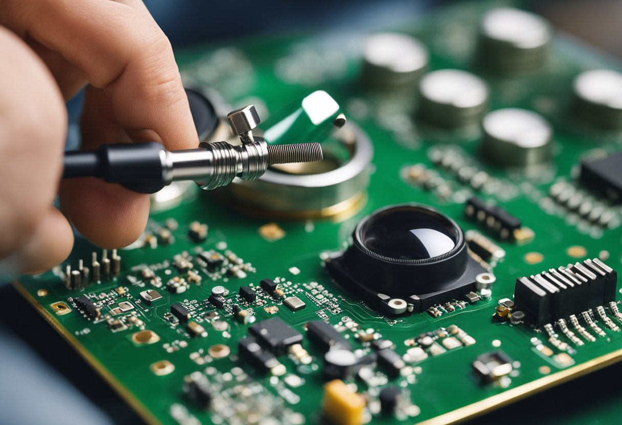 A technician soldering components onto a printed circuit board using a soldering iron and a magnifying glass